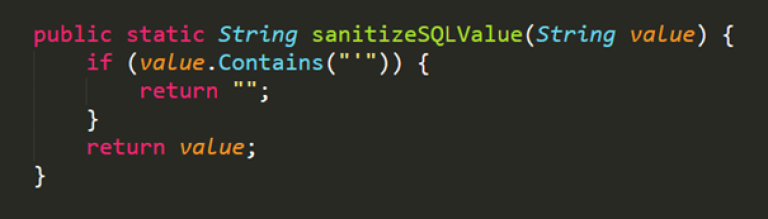 Sanitize SQL Value function eksempel hvor tom streng returneres hvis enkelt anførselstegn funnet